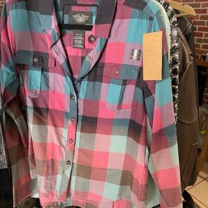 Harley-Davidson Pink and Blue Plaid Button Down Shirt